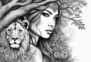Forest goddess looking down side profile  tree branches forming into her face with full male lions head facing her as to protect her middle arm sleeve tattoo idea
