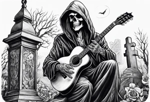 Grim Reaper playing guitar in a graveyard tattoo idea