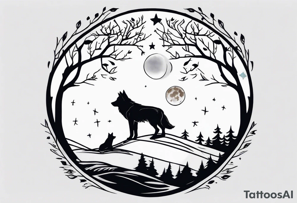 tree of life with wolves and moon tattoo idea