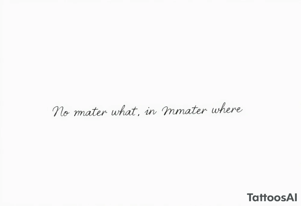 A delicate cursive tattoo with the quote ‘No matter what’ (for one person) and ‘No matter where’ (for the other), placed along the collarbone. At the end of each quote, incorporate a soft, feminine flower design — such as a small lotus, daisy, or wildflower — that flows naturally from the end of the text, as if the flower is part of the lettering or subtly blooming from the last word.

Design should feel light, elegant, and symbolic of connection and unconditional love between mother and daughter. Style should be fine line or single-needle, black ink only, minimalistic and graceful. tattoo idea