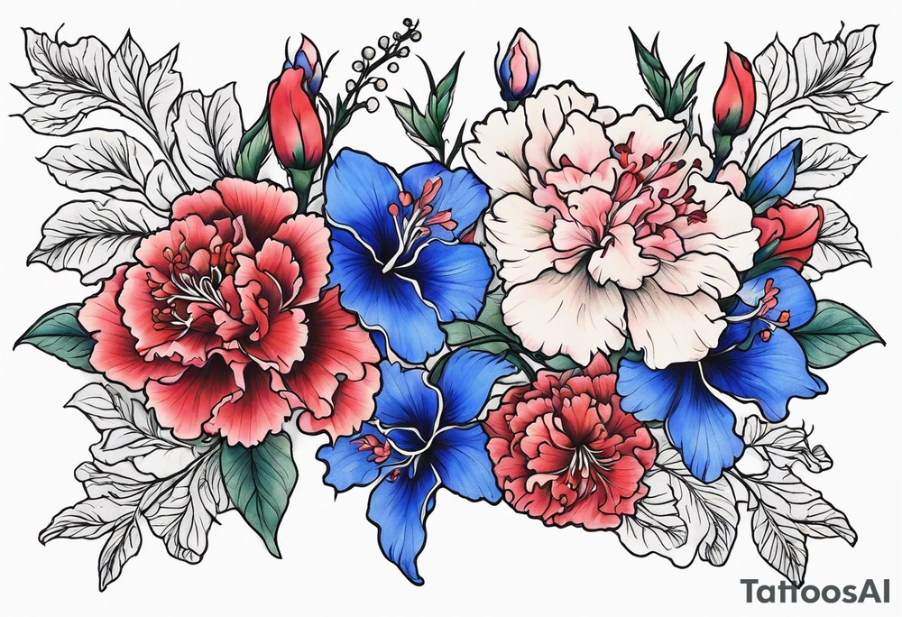 Larkspur flowers and carnation flowers in all color tattoo idea
