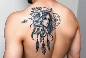 Half sleeve on arm. I already have a girl with flower crown in my shoulder and upper outer arm. Add a dream catcher and Catrina face. Use black and red ink. tattoo idea