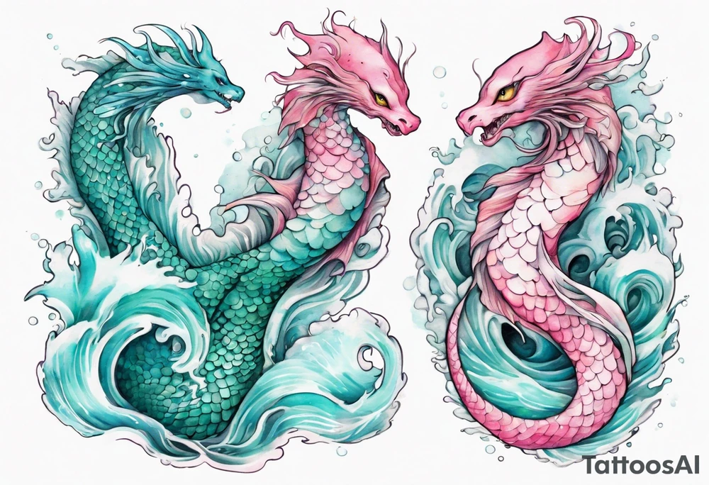 a turquoise and white and pink feathered sea serpent mermaid hybrid with beautiful eyes emerging from the stormy sea tattoo idea