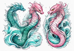 a turquoise and white and pink feathered sea serpent mermaid hybrid with beautiful eyes emerging from the stormy sea tattoo idea