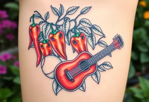 Super hot pepper plants, hot sauce, baseball, acoustic guitar, trumpet, with a gardening background tattoo idea