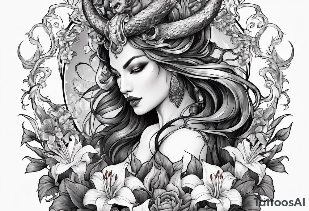 a profile of the demon goddess lilith holding a serpent surrounded by lilies tattoo idea