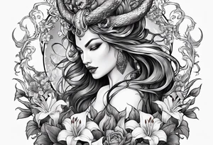 a profile of the demon goddess lilith holding a serpent surrounded by lilies tattoo idea