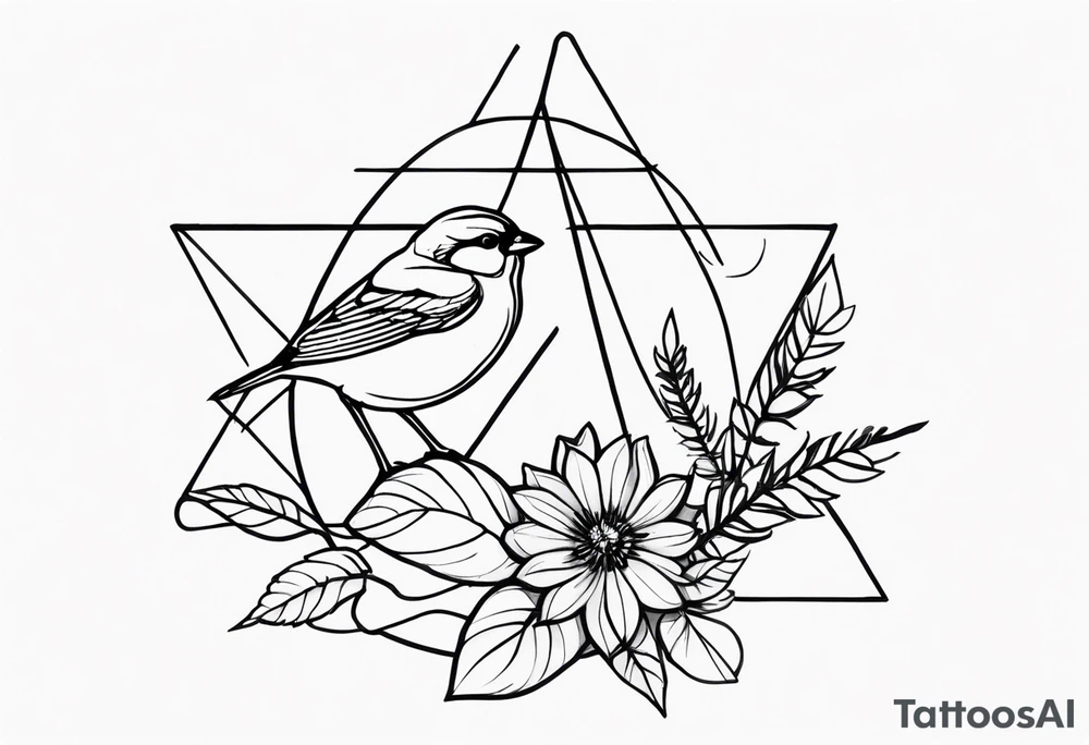 Concept tattoo including a sparrow, resurrection plant, child profile and 2 triangles. Connect these with lines and circles. Starts at shoulder and goes to just above the bend in the arm.  Use the style of @pmtsketch as a reference. tattoo idea