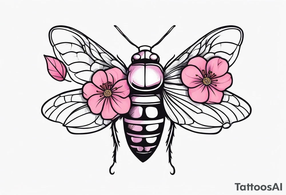 Neo traditional Cicada and pink flower tattoo idea