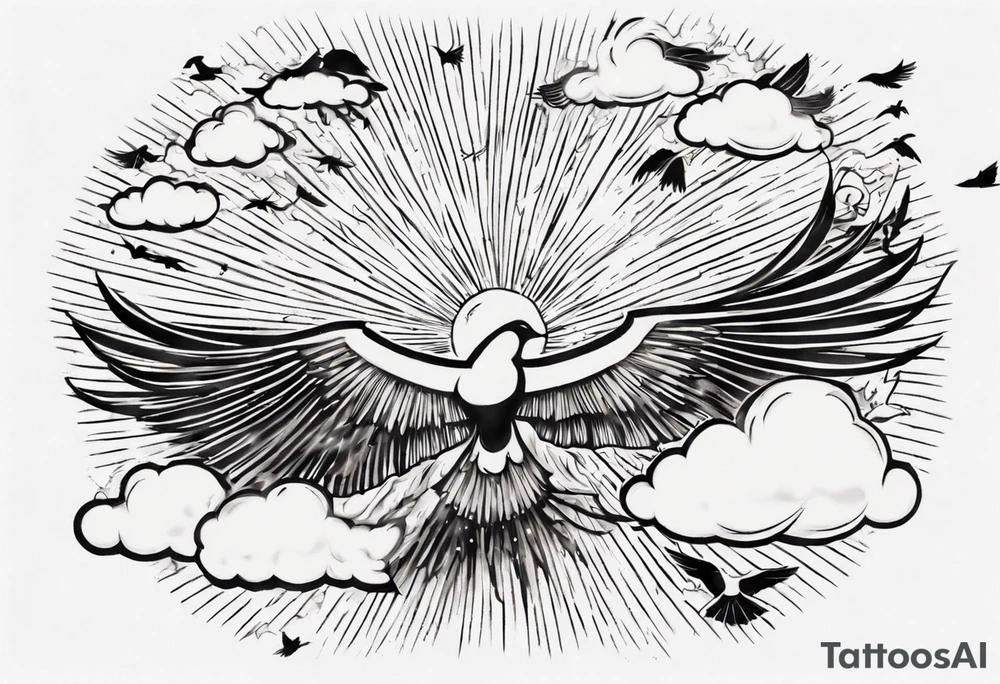 a shoulder tattoo with rays of light, clouds and birds flying free tattoo idea
