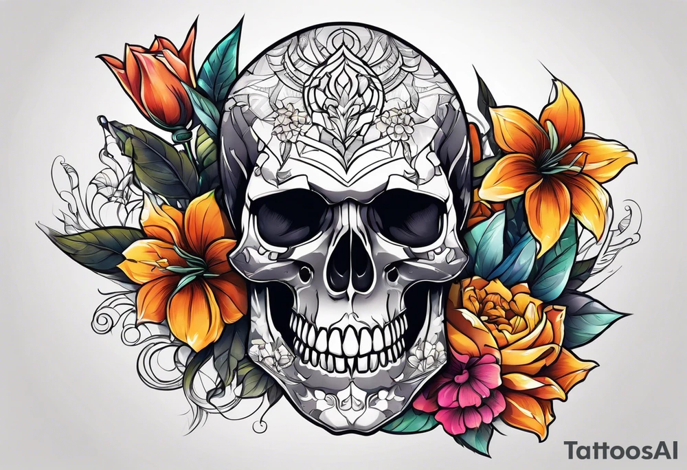 Skull tattoo with a large scorpion and flowers tattoo idea