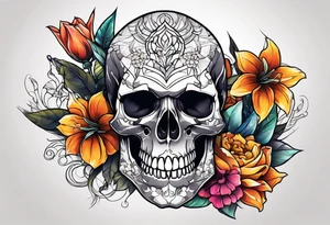 Skull tattoo with a large scorpion and flowers tattoo idea