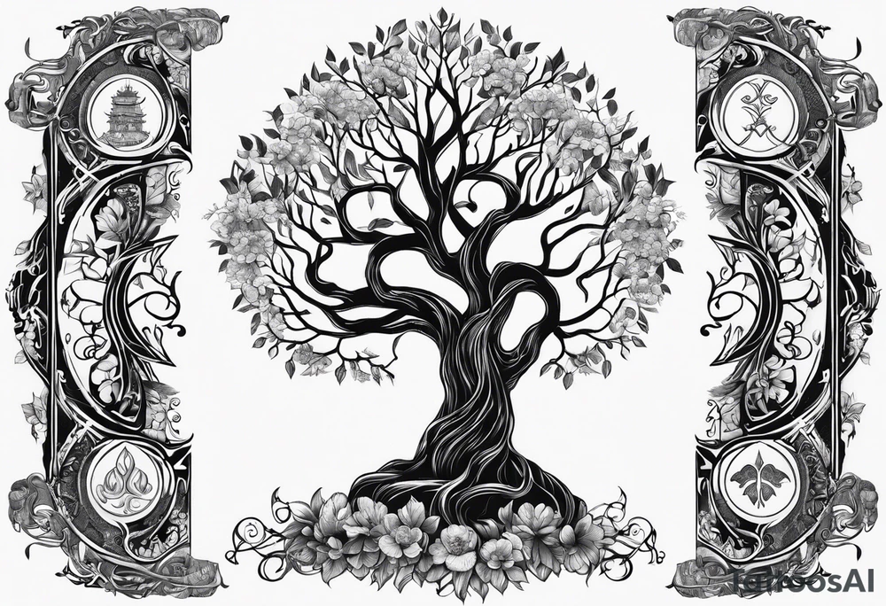 Yggdrasil with 9 realm illustrated tattoo idea