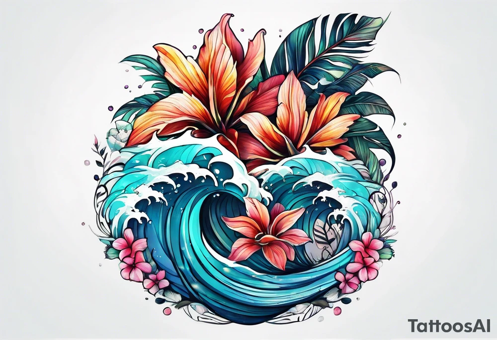 sea, flower, palm tattoo idea