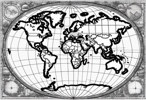 the earth on a flat map with light fading shading placed on a grid with only the lines with accurate depictions of the borders in countries tattoo idea