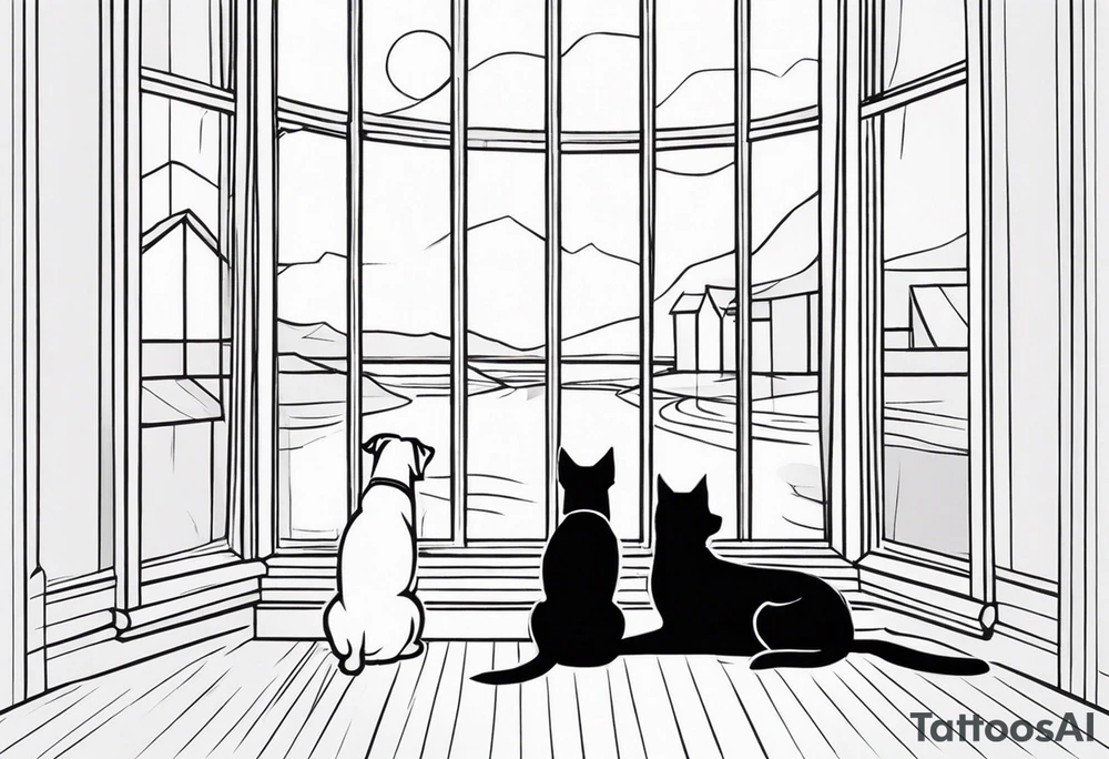 dog and cat sitting on floor and looking out tall octagonal window together tattoo idea