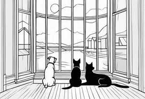 dog and cat sitting on floor and looking out tall octagonal window together tattoo idea