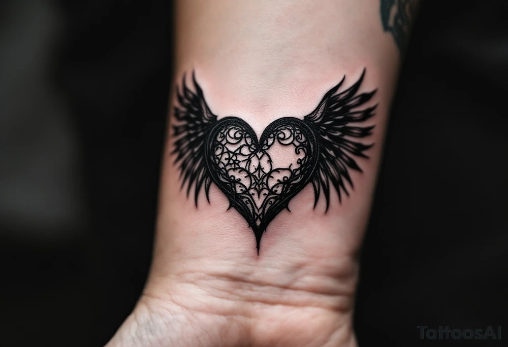 A black heart with intricate tattoos on its surface, paired with dark, gothic angel wings, representing love that is both beautiful and intense. tattoo idea