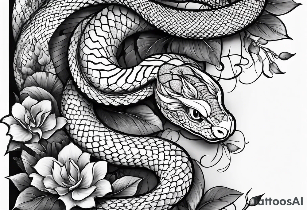sleeve tattoo with a snake and Japanese designs tattoo idea