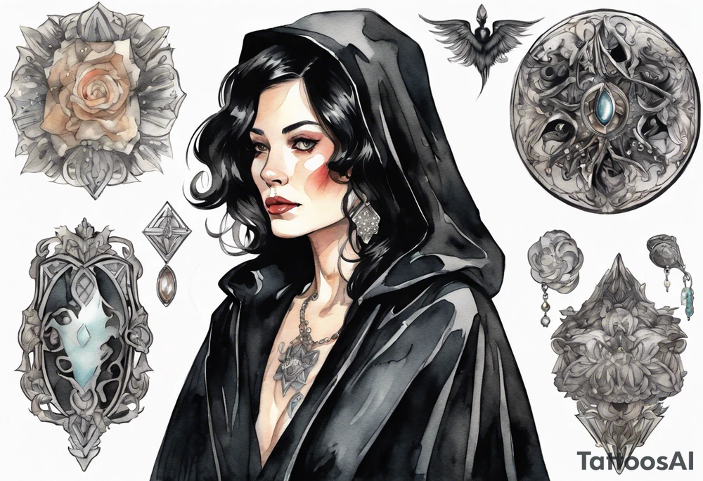 a 50-year-old black-haired woman dressed in a black cloak with a silver brooch tattoo idea