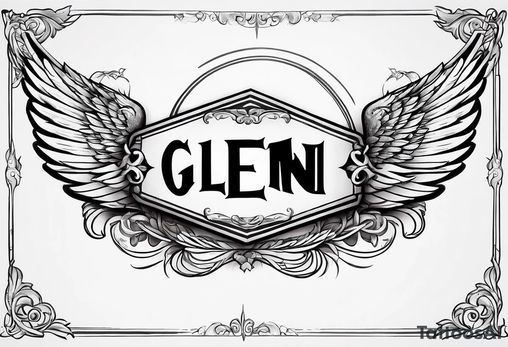 A simple tattoo with the word Glenn on a banner with angel Wings tattoo idea