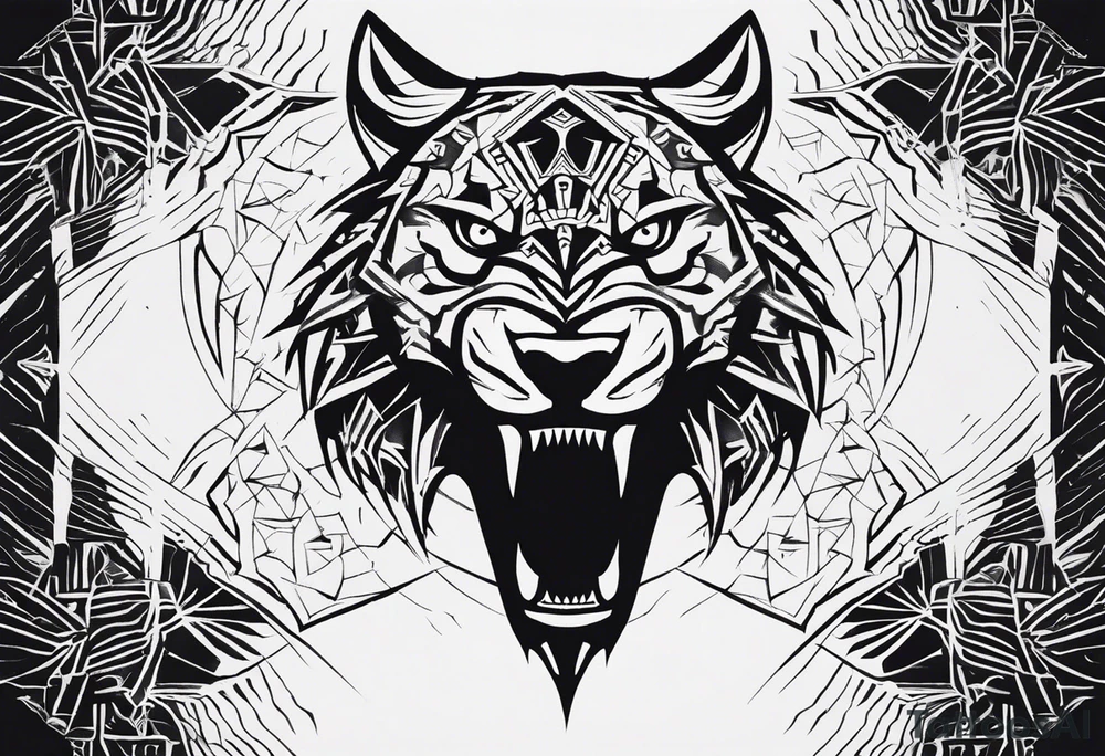 A tattoo designed for the knee, featuring the face of a mitological beast with wild, exaggerated features, such as sharp fangs, intense eyes, and a snarling expression. The design incorporates large areas of white space for contrast, with beams of light or energy radiating outward from the beast’s eyes in a chaotic and powerful pattern. The overall look should be bold and primal, with flowing lines that adapt naturally to the curvature of the knee. tattoo idea