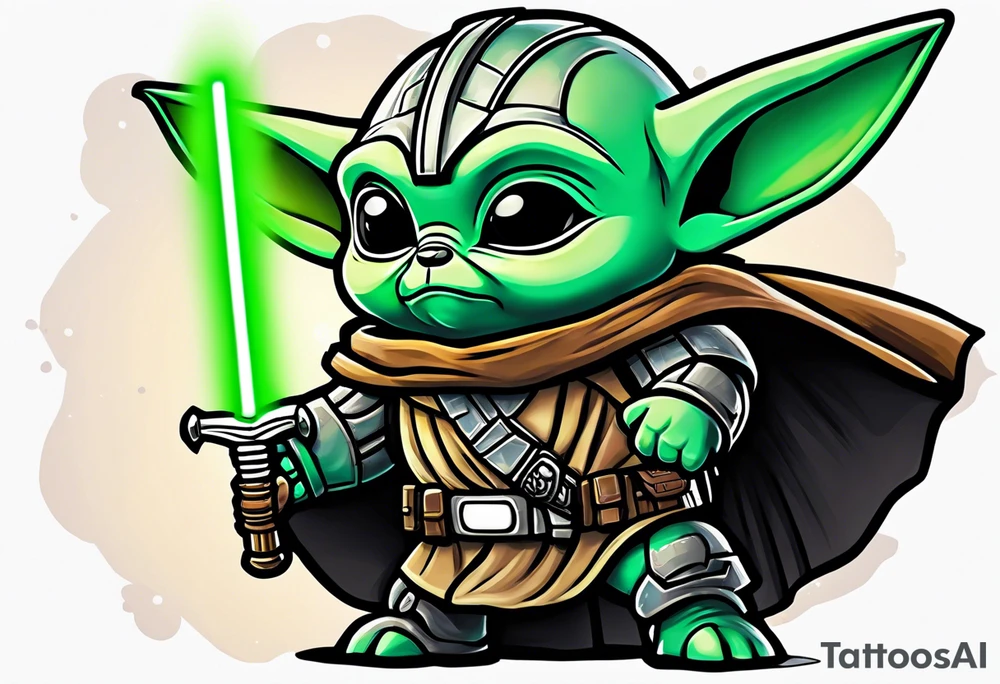 Baby grogu fighting Darth Vader while wearing mandalorian armor wielding a green lightsaber tattoo idea