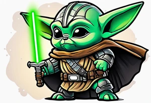 Baby grogu fighting Darth Vader while wearing mandalorian armor wielding a green lightsaber tattoo idea