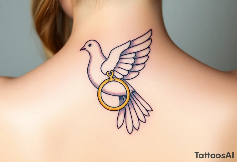 A collared dove with a golden wedding ring clasped in its talons, in a soft golden hue with the dove in pale gray and white, symbolizing commitment and eternal love tattoo idea