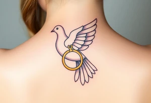 A collared dove with a golden wedding ring clasped in its talons, in a soft golden hue with the dove in pale gray and white, symbolizing commitment and eternal love tattoo idea