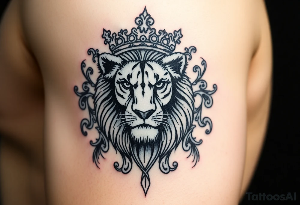 majestic lion wearing ornate crown, surrounded by baroque flourishes tattoo idea