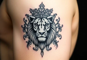 majestic lion wearing ornate crown, surrounded by baroque flourishes tattoo idea
