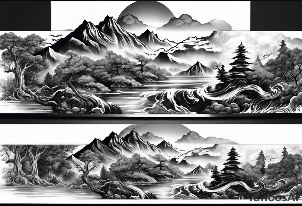 Full arm sleeve, tree going up to shoulder dead tree going down to wrist, wrapped in a serpent moving down with mountain, water, and demon tattoo idea