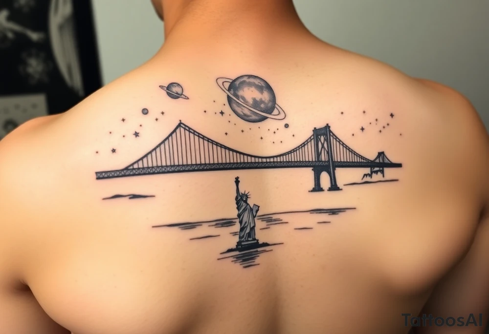Create a tattoo of the brooklyn bridge 
Have a galaxy in the sky with planets and stars add color 
Add the Statue of Liberty in the water tattoo idea