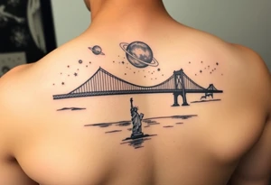 Create a tattoo of the brooklyn bridge 
Have a galaxy in the sky with planets and stars add color 
Add the Statue of Liberty in the water tattoo idea