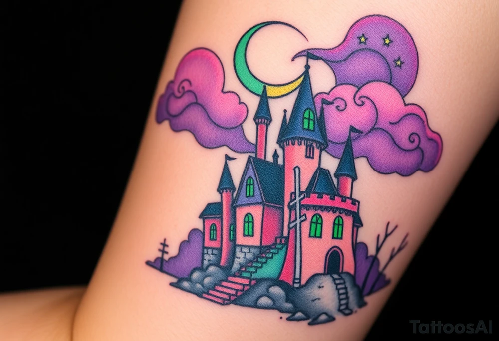 Tim Burton’s disney sleeping beauty’s haunted castle is abandoned and dripping with muted reds, dusty pinks, and eerie green glow.purple and cyan smokey clouds swirl in the crescent moonlit sky thats sprinkled with stars tattoo idea tattoo idea