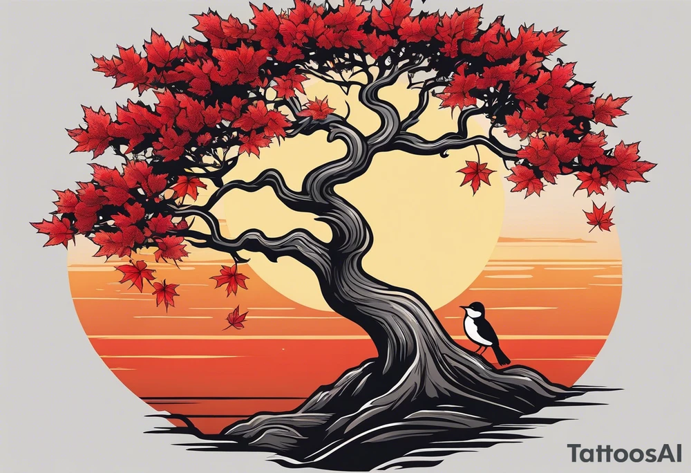 full left arm. Long tattoo A maple tree with red autumn leaves that branches upwards. White-throated dipper bird on the trees branches. Calluna flowers at the base of the trees stem. Tree stem has dark colors. Red/yellow sunset behind the trees stem. Leaves falling. tattoo idea