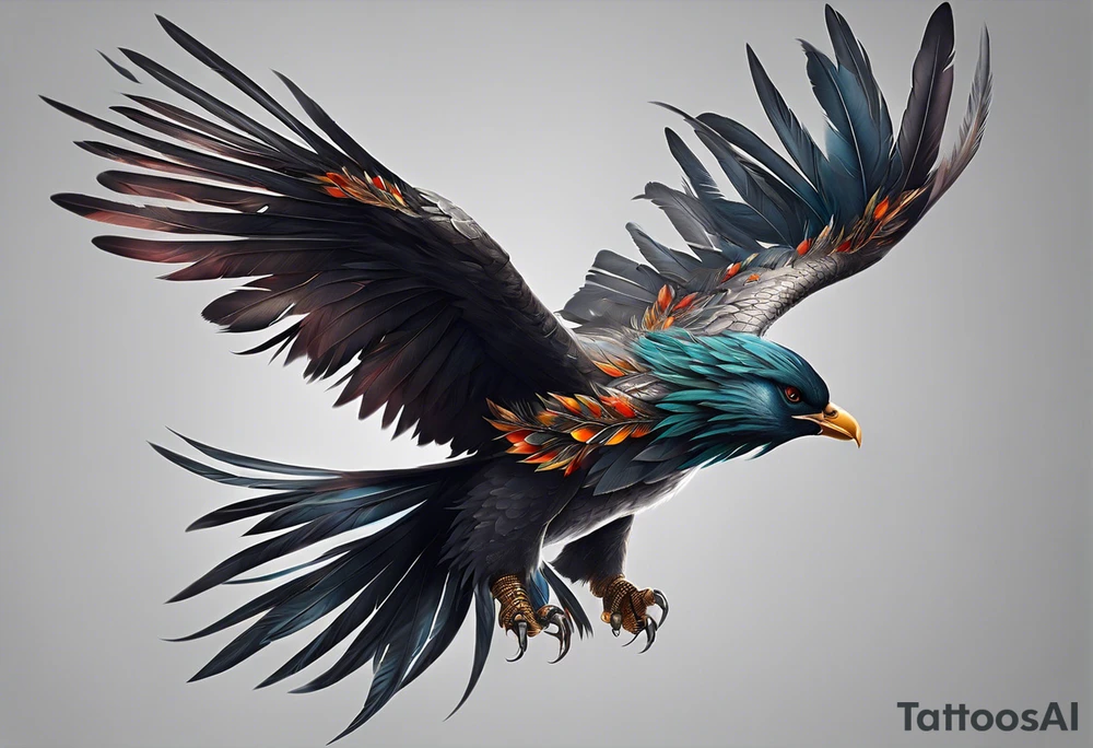 The tattoo begins on the left arm, at the elbow, where feathers are flying under the action of the wind towards the left hand. These feathers share the air space with branches that have leaves, and both elements move together up the left arm. As they approach the shoulder, some lightning appears between them. At this point, the feathers start to converge toward the left chest, where a vortex of energy reveals the head of an owl. The branches converge toward the left side of the back, passing over the shoulder. On the left side of the back, there is a dense, psychedelic element representing the energy of life's creation, with references to the earth, element, and planet. There is also a clay house in this area. tattoo idea