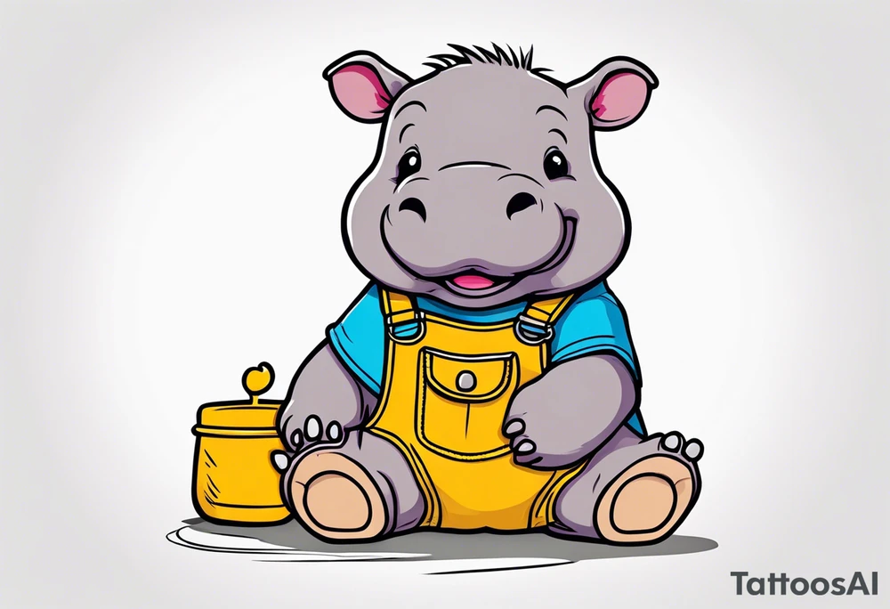 Baby hippo wearing overalls and holding a stuffed moose tattoo idea