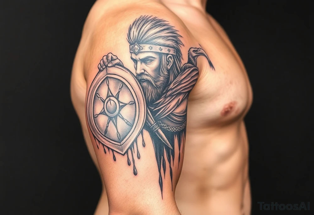 a warrior with a shield with blood dripping & a vulture bird flying in the sky and arrrows poruing down tattoo idea