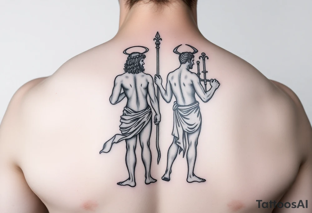 dionysos and apollo standing back on back tattoo idea