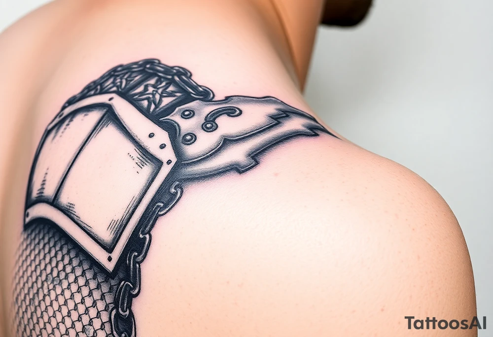 Huge and Exquisitely detailed shoulder tattoo of chainmail and plate armor tattoo idea