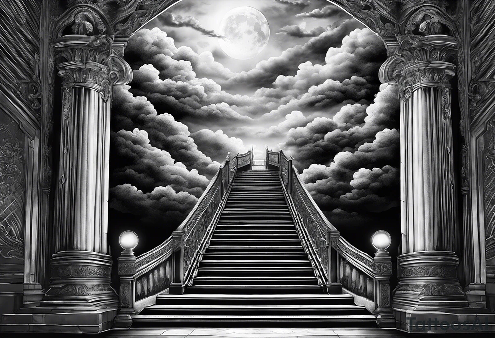 Staircase that leads through the clouds to heaven and ends at the gates of heaven. At the end there is a bright light tattoo idea