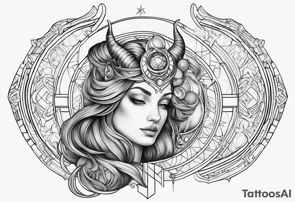 Feminine Capricorn tattoo with geometric designs subs and moons with Saturn tattoo idea