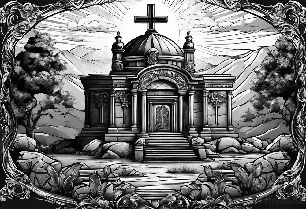 Tomb with cross and sun in the background tattoo idea