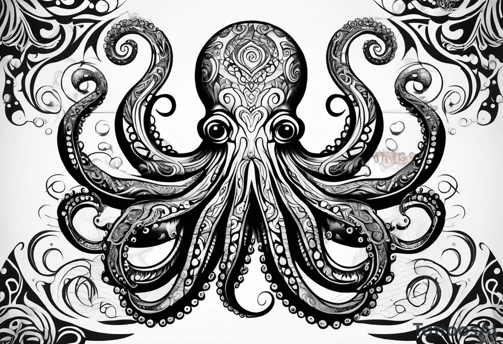Hawaii tribal octopus with thick lines, less detail, and water waves tattoo idea