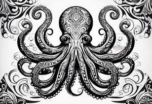 Hawaii tribal octopus with thick lines, less detail, and water waves tattoo idea