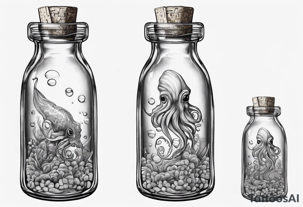 A squid trapped in a bottle with a cork tattoo idea
