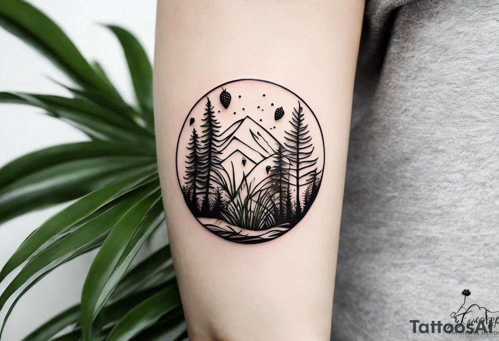 forest floor inspired minimalist tattoo, which includes grass, curly ferns and dead leaves as the bulk of the tattoo. details to include: three very tiny strawberries, a tiny bumblebee flying nearby, three small brown mushrooms
Generate a vertically long one tattoo idea