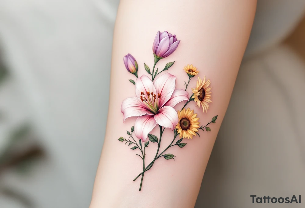 Dainty Stargazer lillies pale pink with no outline 
with small yellow sunflowers and pale purple tulip buds in a dainty wildflower bouquet with light green stems tattoo idea